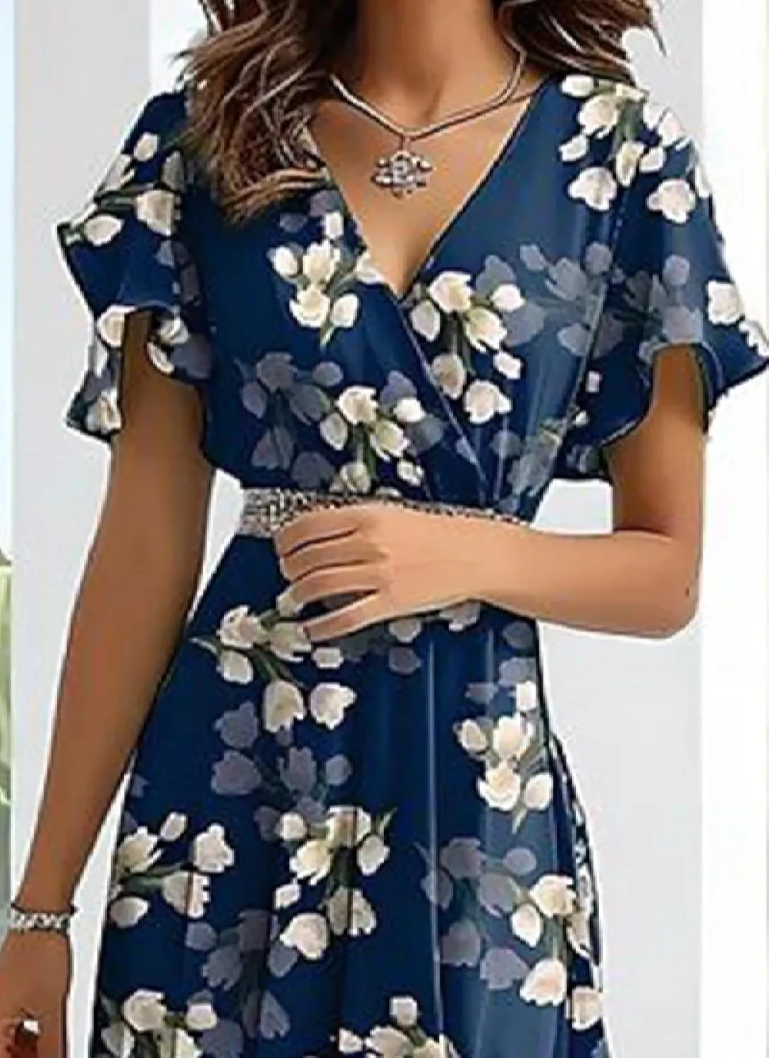 Summer Dresses for Women V Neck Ruffle Short Sleeve Floral Print Aline Mini Dress