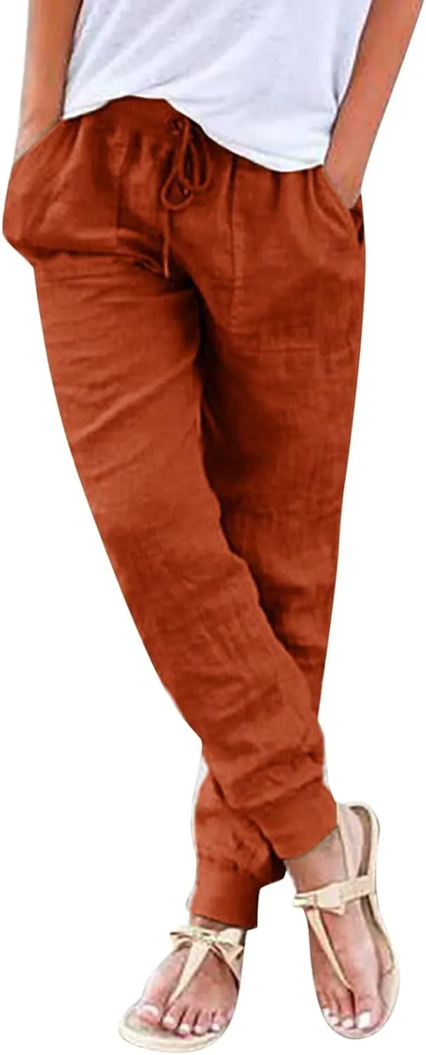 Summer Linen Pants For Women 2024 Pants Straight Leg Beach Pants Drawstring High Waist Comfy Trousers with Pockets