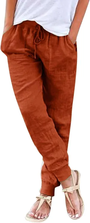 Summer Linen Pants For Women 2024 Pants Straight Leg Beach Pants Drawstring High Waist Comfy Trousers with Pockets