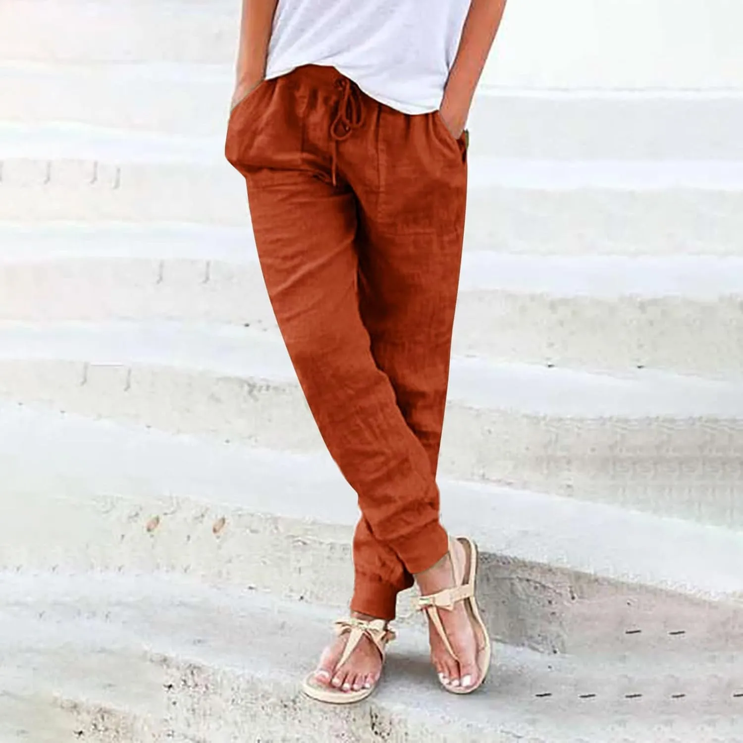 Summer Linen Pants For Women 2024 Pants Straight Leg Beach Pants Drawstring High Waist Comfy Trousers with Pockets