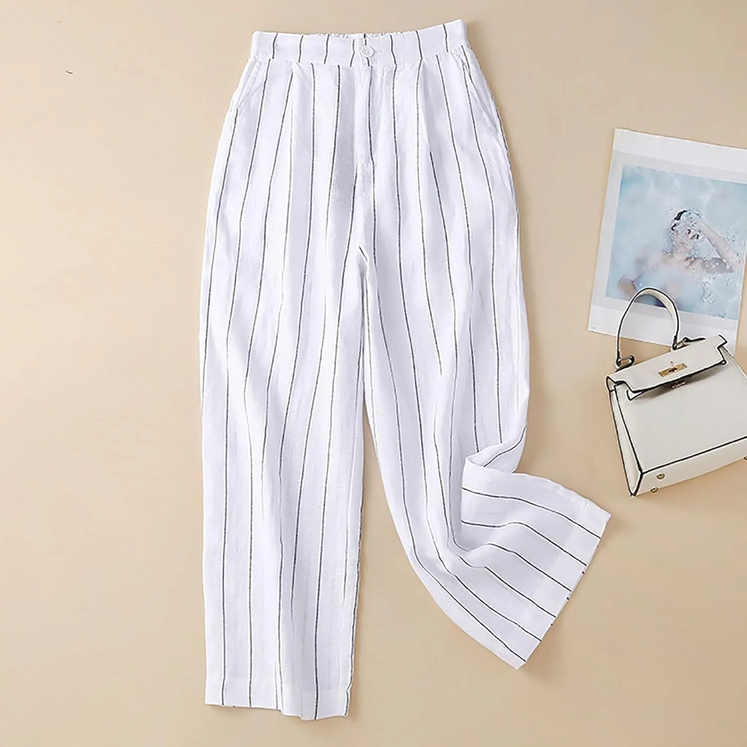 Summer Linen Pants for Women Casual Boho Palazzo Trousers Drawstring Waist Wide Leg Lightweight Summer Beach Outfit
