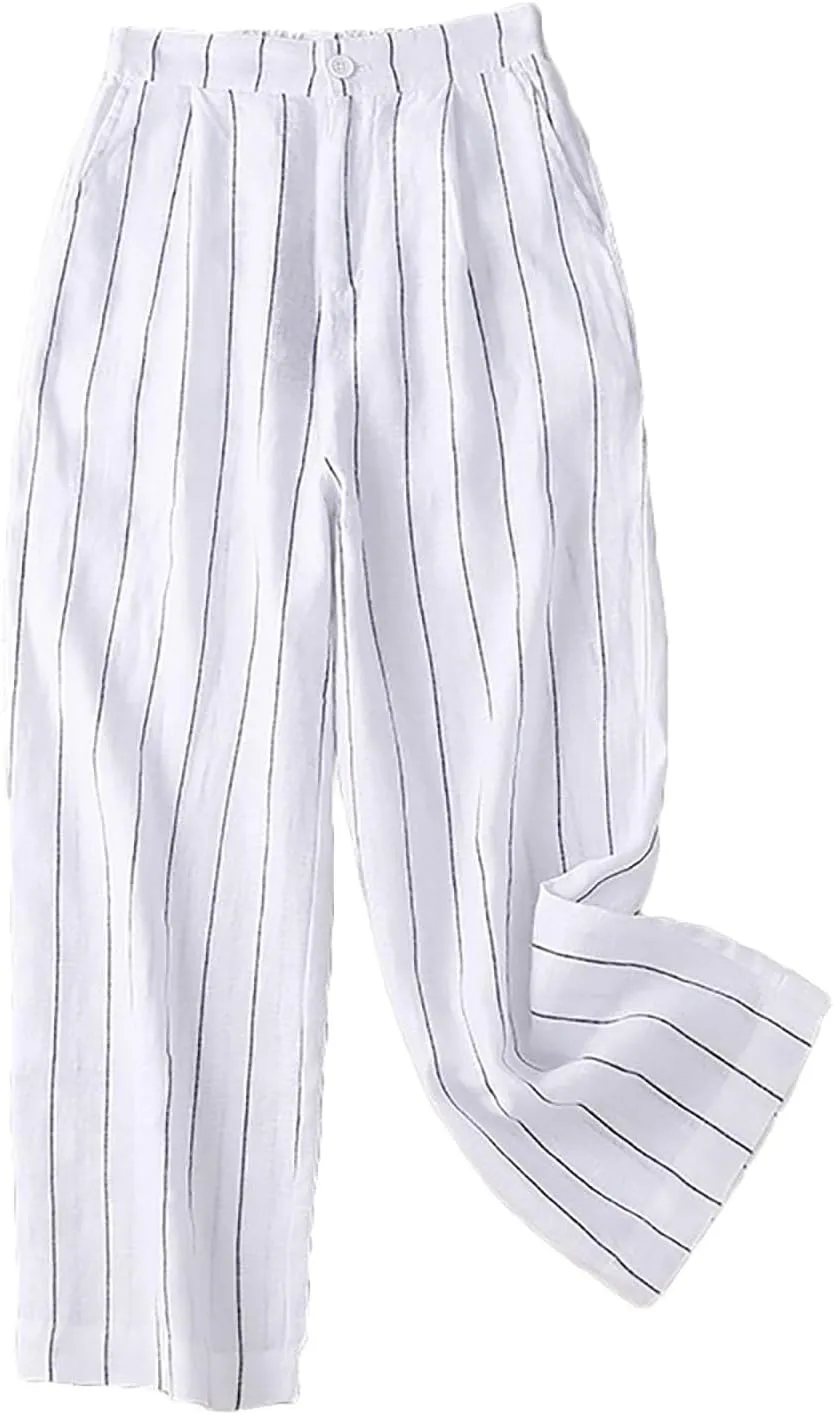 Summer Linen Pants for Women Casual Boho Palazzo Trousers Drawstring Waist Wide Leg Lightweight Summer Beach Outfit