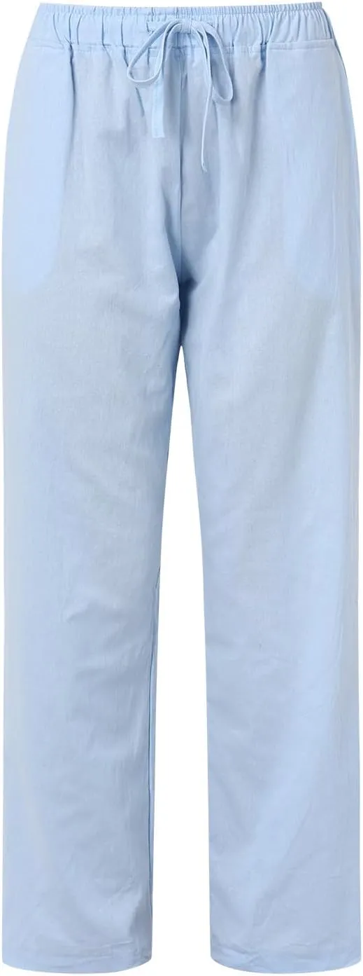 Summer Linen Pants for Womens 2025 Wide Leg Baggy Drawstring Elastic Waisted Palazzo Harem Trousers with Pockets