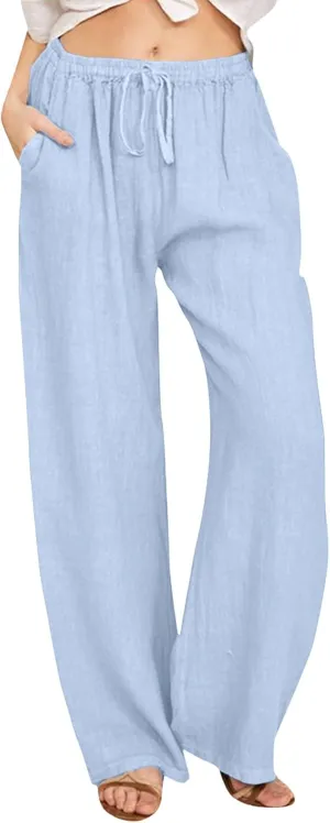 Summer Linen Pants for Womens 2025 Wide Leg Baggy Drawstring Elastic Waisted Palazzo Harem Trousers with Pockets