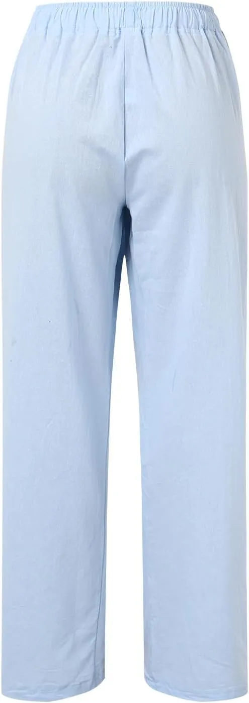 Summer Linen Pants for Womens 2025 Wide Leg Baggy Drawstring Elastic Waisted Palazzo Harem Trousers with Pockets