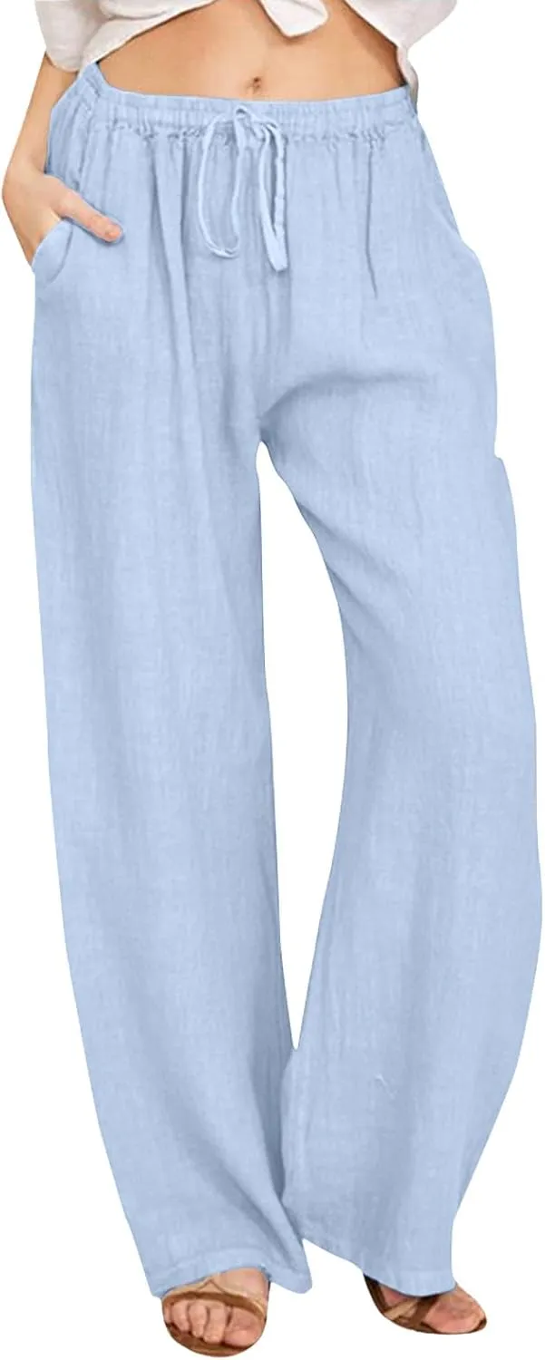 Summer Linen Pants for Womens 2025 Wide Leg Baggy Drawstring Elastic Waisted Palazzo Harem Trousers with Pockets