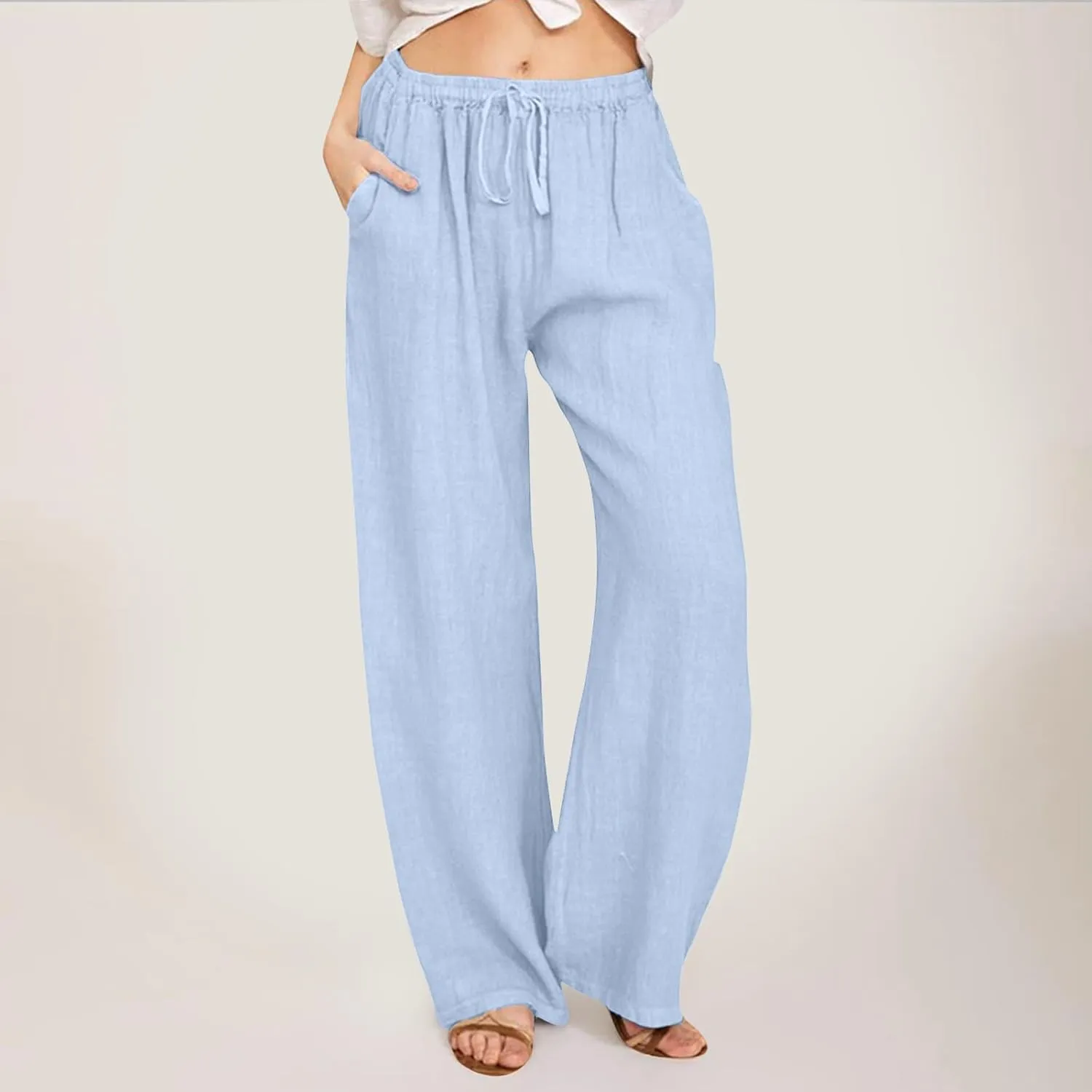 Summer Linen Pants for Womens 2025 Wide Leg Baggy Drawstring Elastic Waisted Palazzo Harem Trousers with Pockets