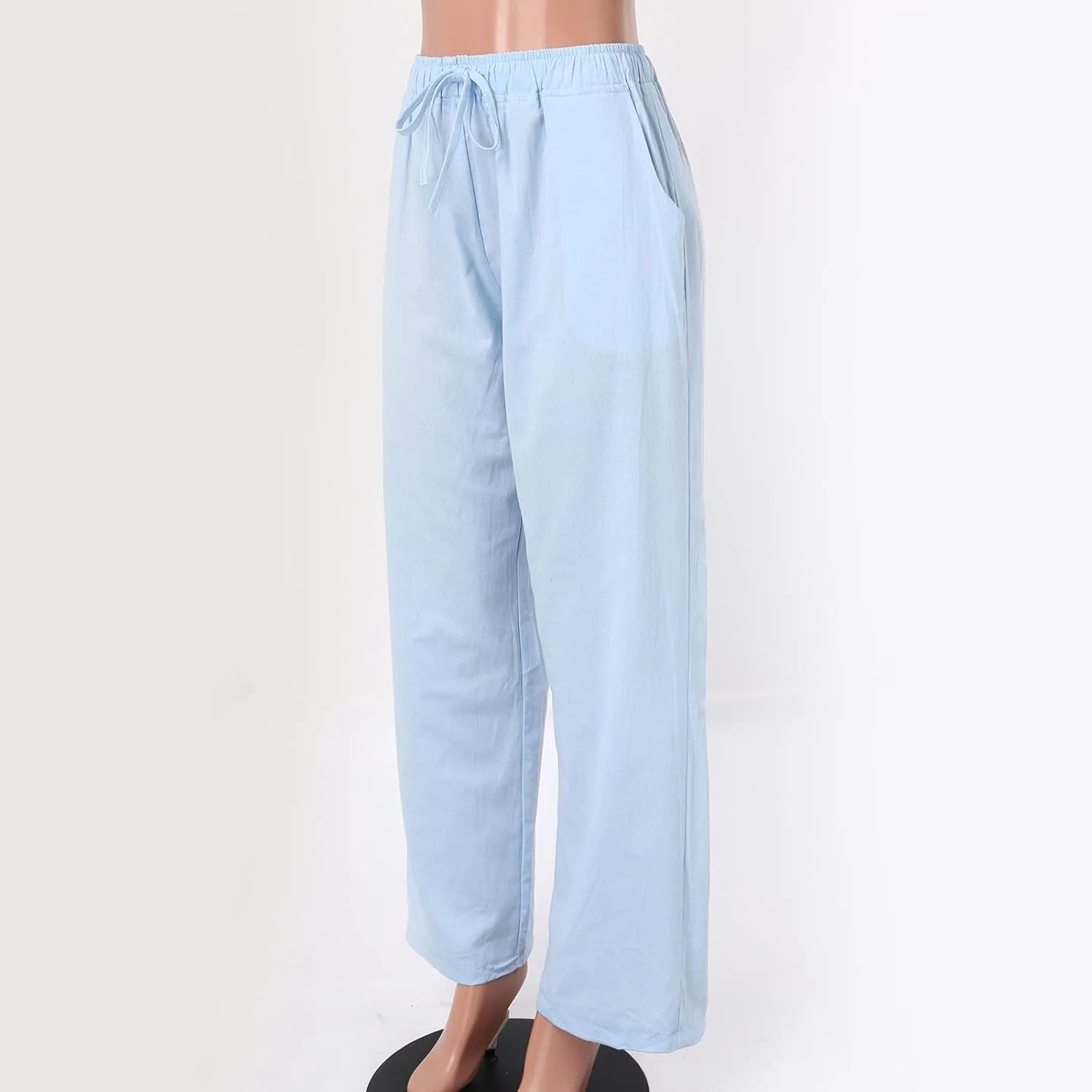 Summer Linen Pants for Womens 2025 Wide Leg Baggy Drawstring Elastic Waisted Palazzo Harem Trousers with Pockets