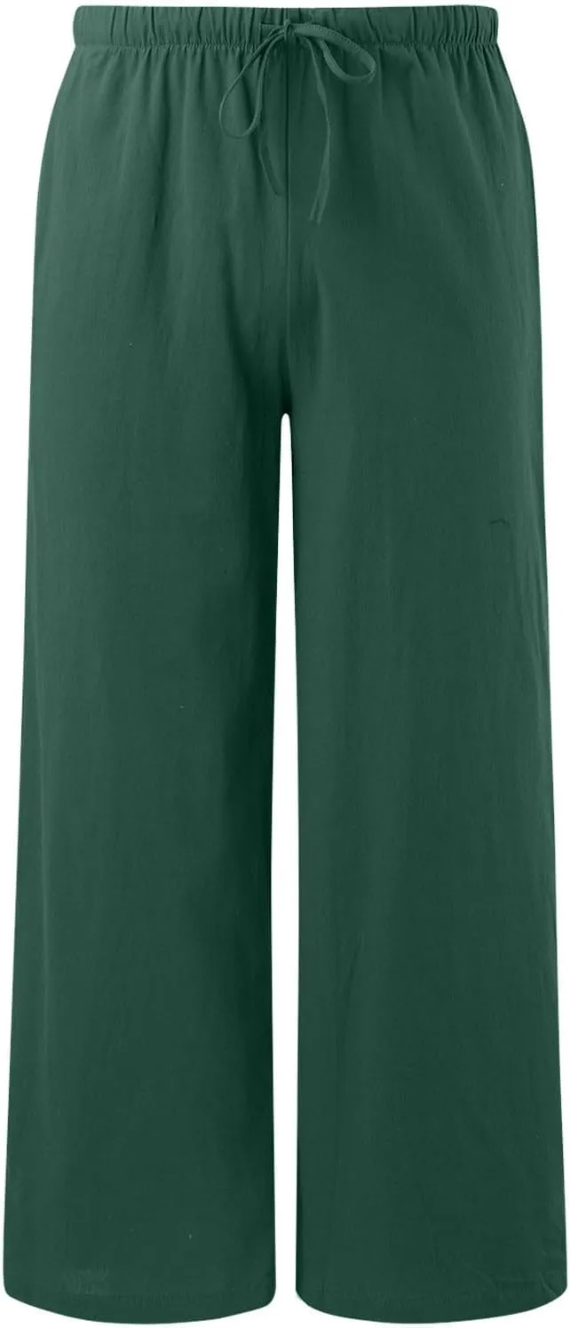 Summer Linen Pants for Womens Wide Leg Baggy Casual Drawstring High Waisted Palazzo Harem Trousers with Pockets