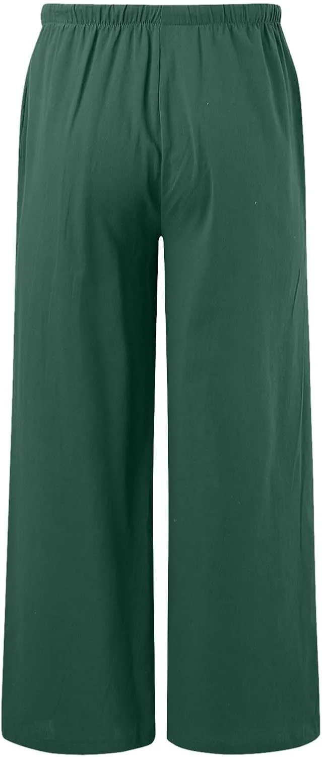 Summer Linen Pants for Womens Wide Leg Baggy Casual Drawstring High Waisted Palazzo Harem Trousers with Pockets