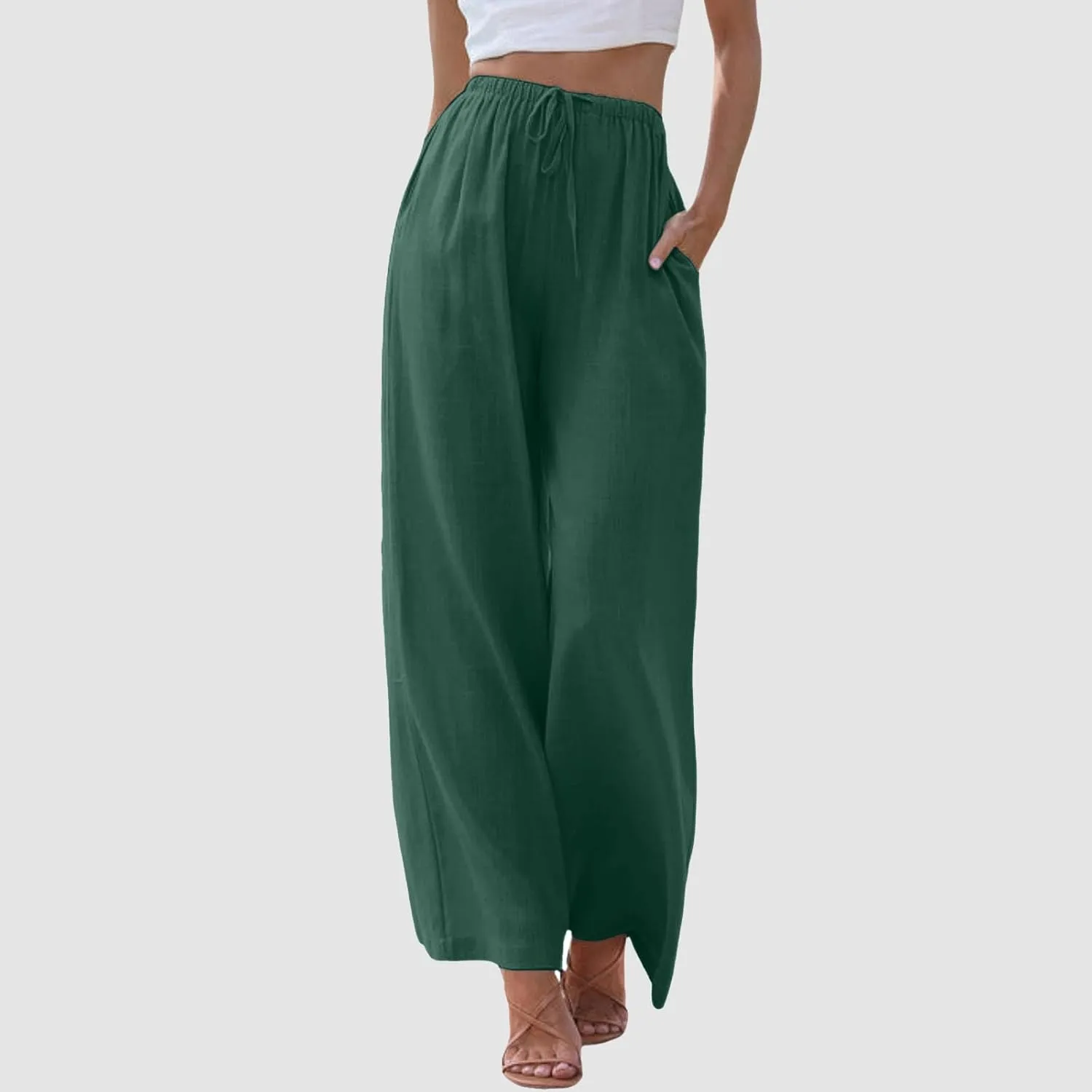 Summer Linen Pants for Womens Wide Leg Baggy Casual Drawstring High Waisted Palazzo Harem Trousers with Pockets