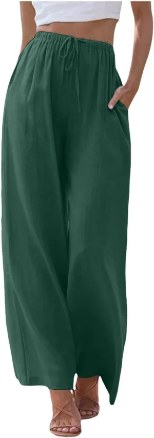 Summer Linen Pants for Womens Wide Leg Baggy Casual Drawstring High Waisted Palazzo Harem Trousers with Pockets
