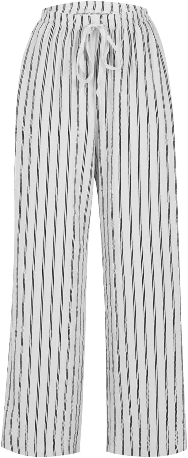 Summer Pants for Women 2024,Striped Wide Leg Loose Drawstring High Waist Palazzo Trousers Pants with Pockets
