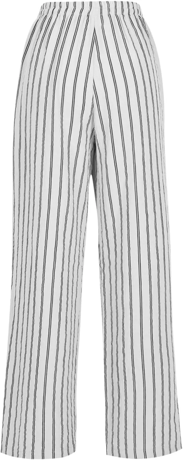 Summer Pants for Women 2024,Striped Wide Leg Loose Drawstring High Waist Palazzo Trousers Pants with Pockets
