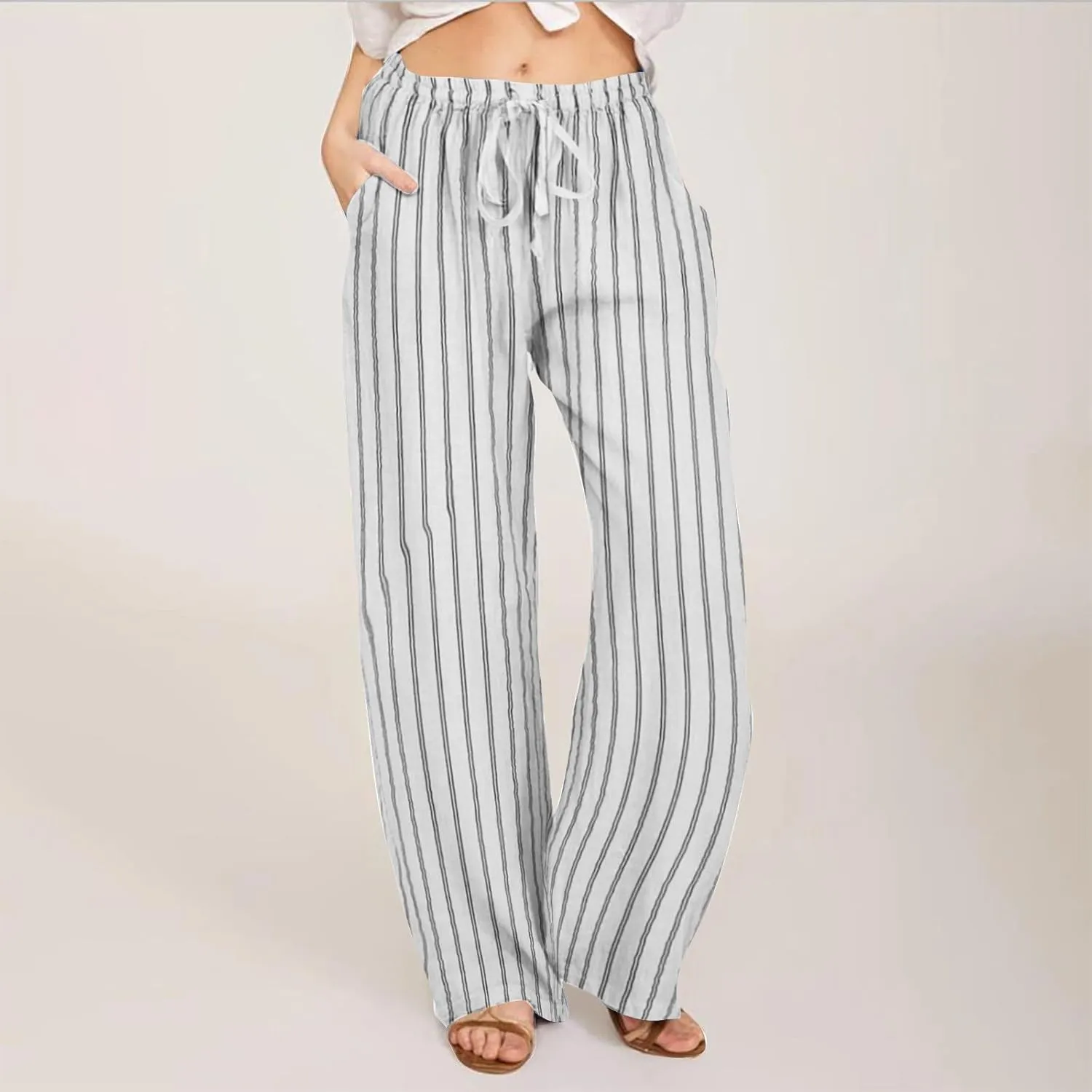 Summer Pants for Women 2024,Striped Wide Leg Loose Drawstring High Waist Palazzo Trousers Pants with Pockets