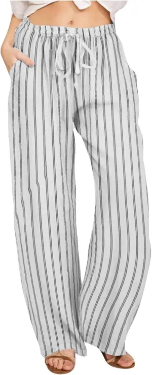 Summer Pants for Women 2024,Striped Wide Leg Loose Drawstring High Waist Palazzo Trousers Pants with Pockets