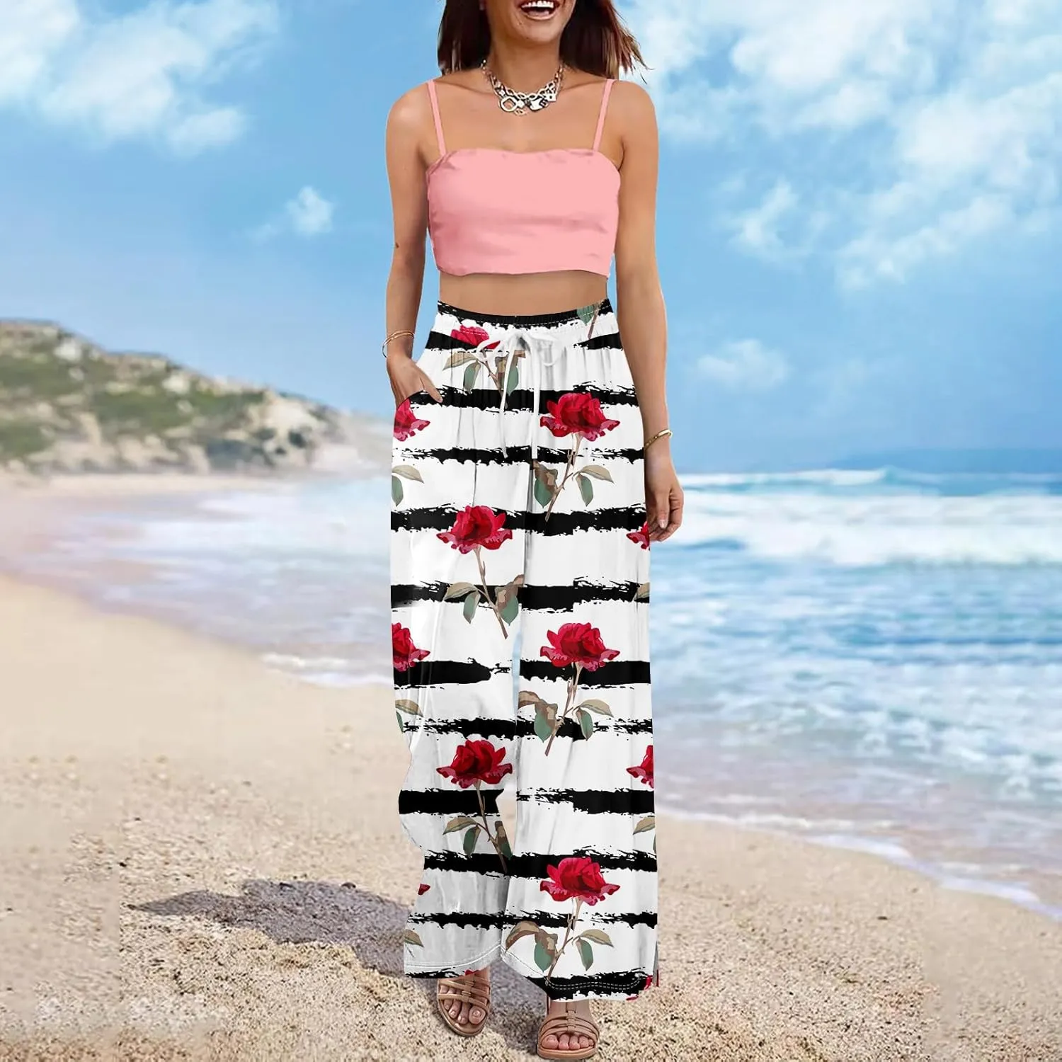 Summer Wide Leg Pants for Women Elastic Waist Drawstring Boho Palazzo Flowy Pants Floral Print with Pockets Trousers