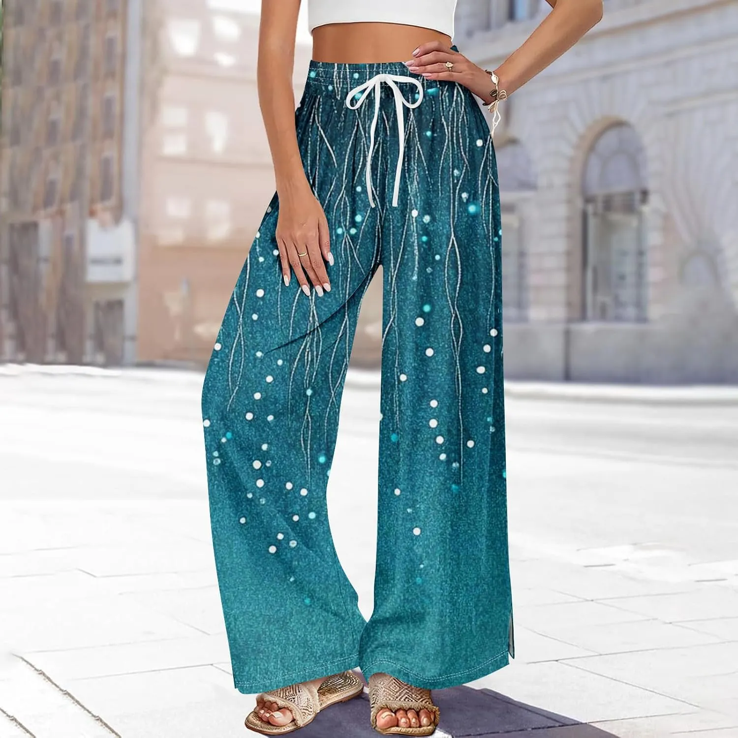 Summer Wide Leg Pants for Women Elastic Waist Drawstring Boho Palazzo Flowy Pants Floral Print with Pockets Trousers