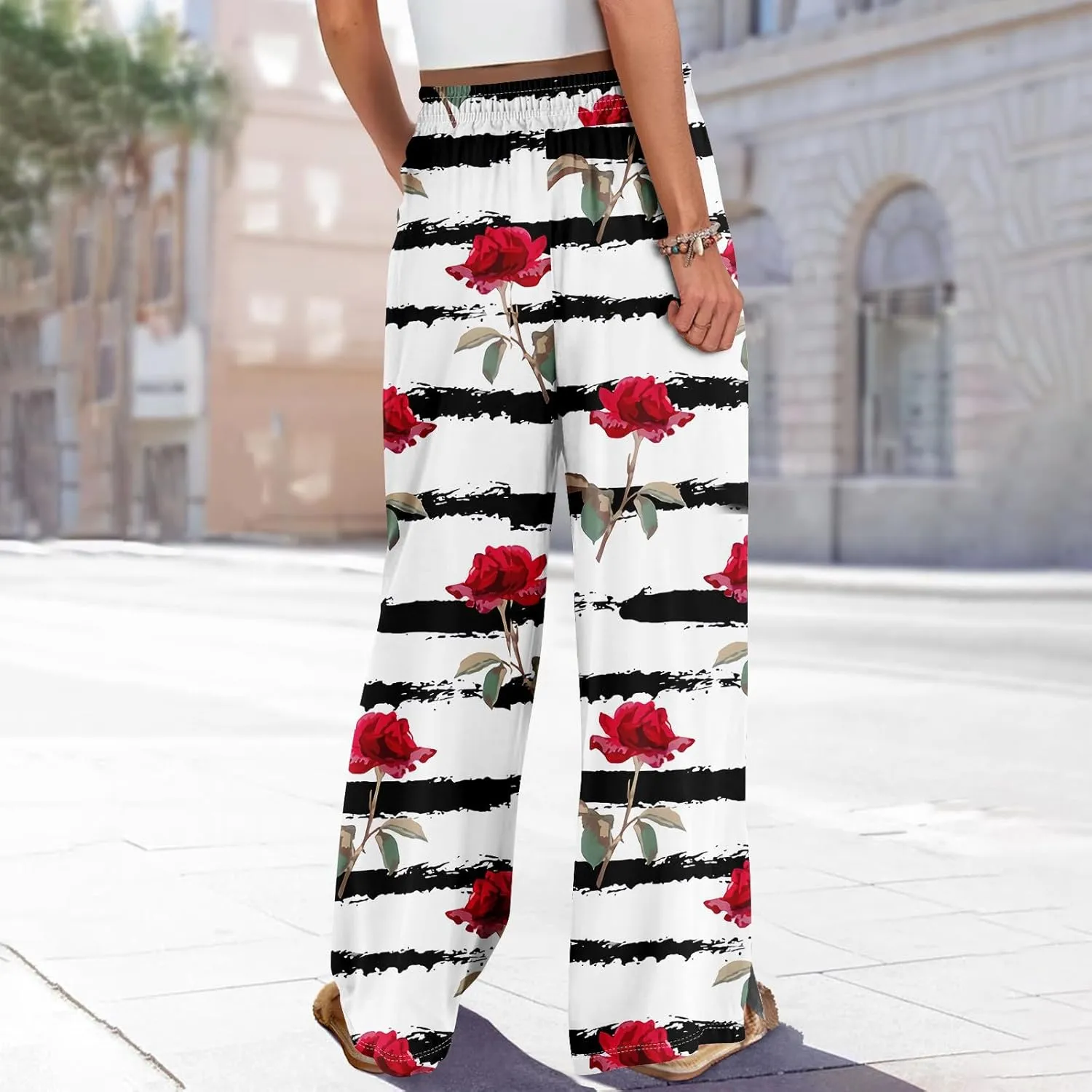 Summer Wide Leg Pants for Women Elastic Waist Drawstring Boho Palazzo Flowy Pants Floral Print with Pockets Trousers
