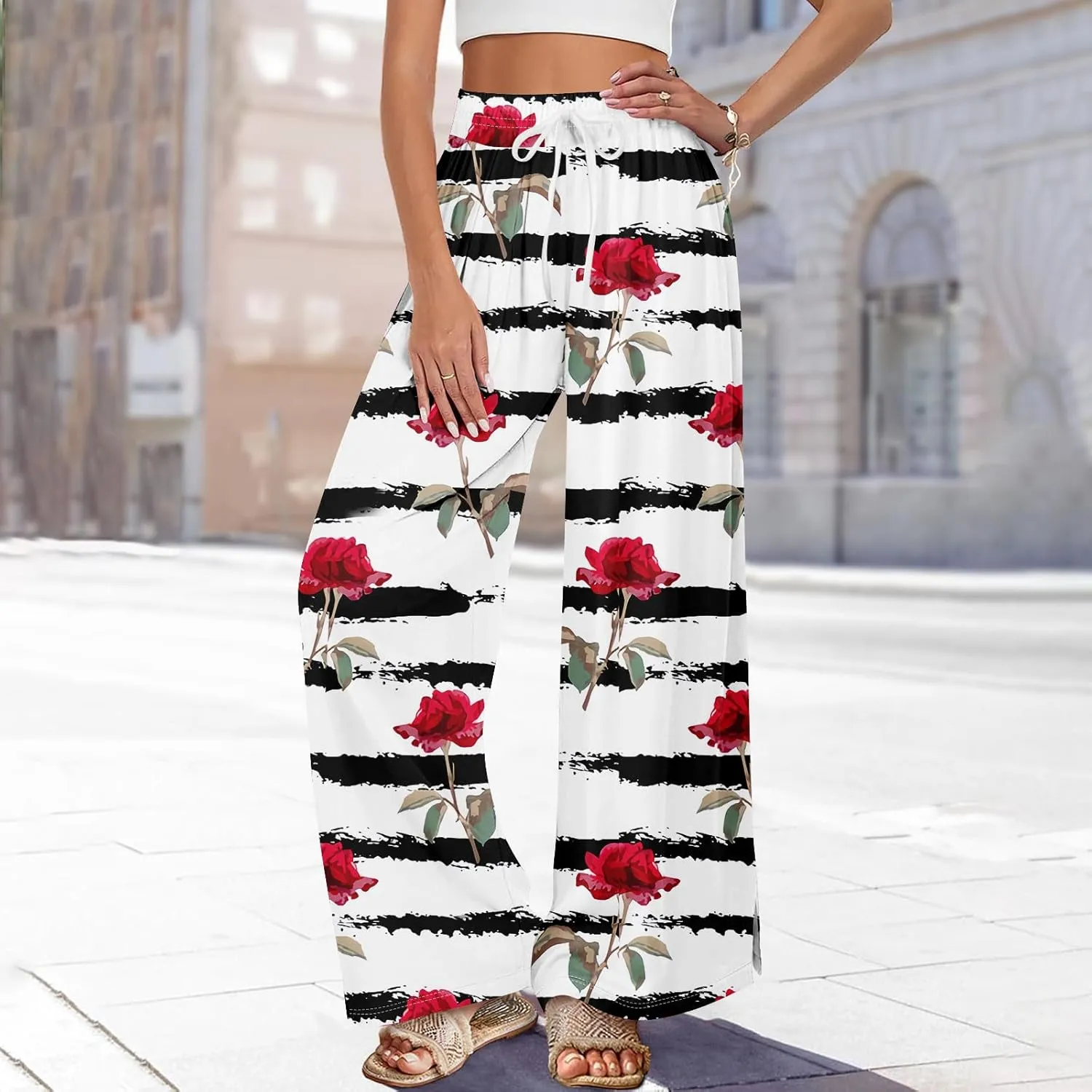 Summer Wide Leg Pants for Women Elastic Waist Drawstring Boho Palazzo Flowy Pants Floral Print with Pockets Trousers