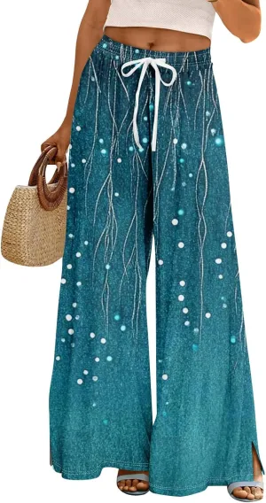 Summer Wide Leg Pants for Women Elastic Waist Drawstring Boho Palazzo Flowy Pants Floral Print with Pockets Trousers