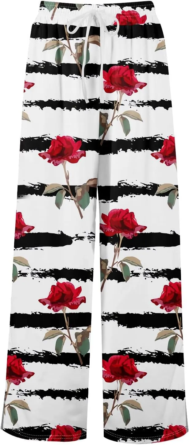 Summer Wide Leg Pants for Women Elastic Waist Drawstring Boho Palazzo Flowy Pants Floral Print with Pockets Trousers