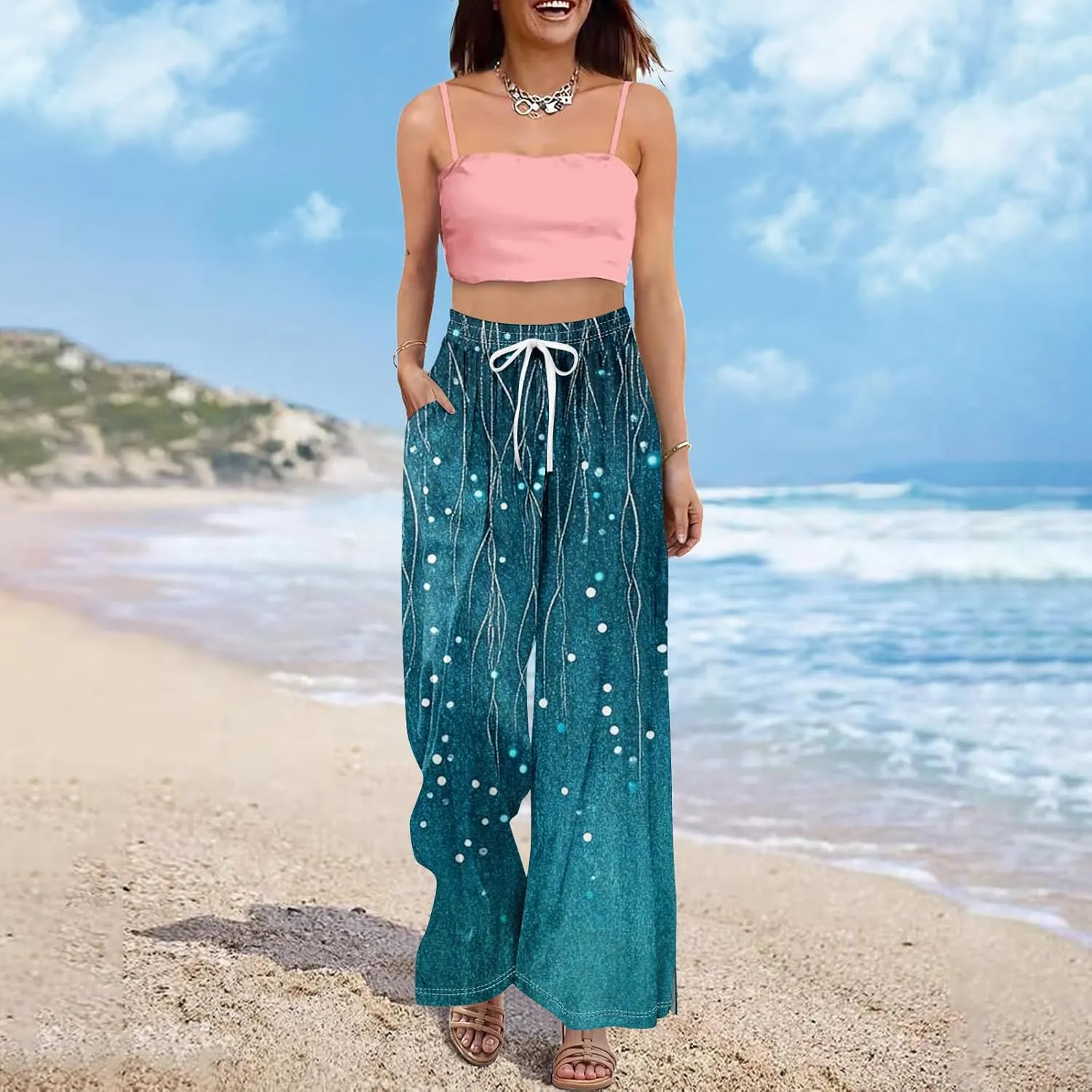 Summer Wide Leg Pants for Women Elastic Waist Drawstring Boho Palazzo Flowy Pants Floral Print with Pockets Trousers