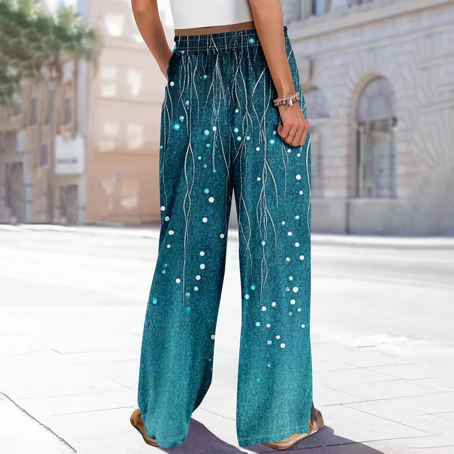 Summer Wide Leg Pants for Women Elastic Waist Drawstring Boho Palazzo Flowy Pants Floral Print with Pockets Trousers