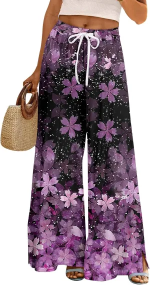 Summer Wide Leg Pants for Women Elastic Waist Drawstring Boho Palazzo Flowy Pants Floral Print with Pockets Trousers