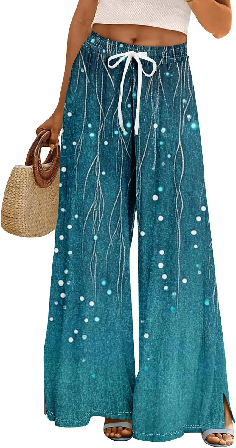 Summer Wide Leg Pants for Women Elastic Waist Drawstring Boho Palazzo Flowy Pants Floral Print with Pockets Trousers