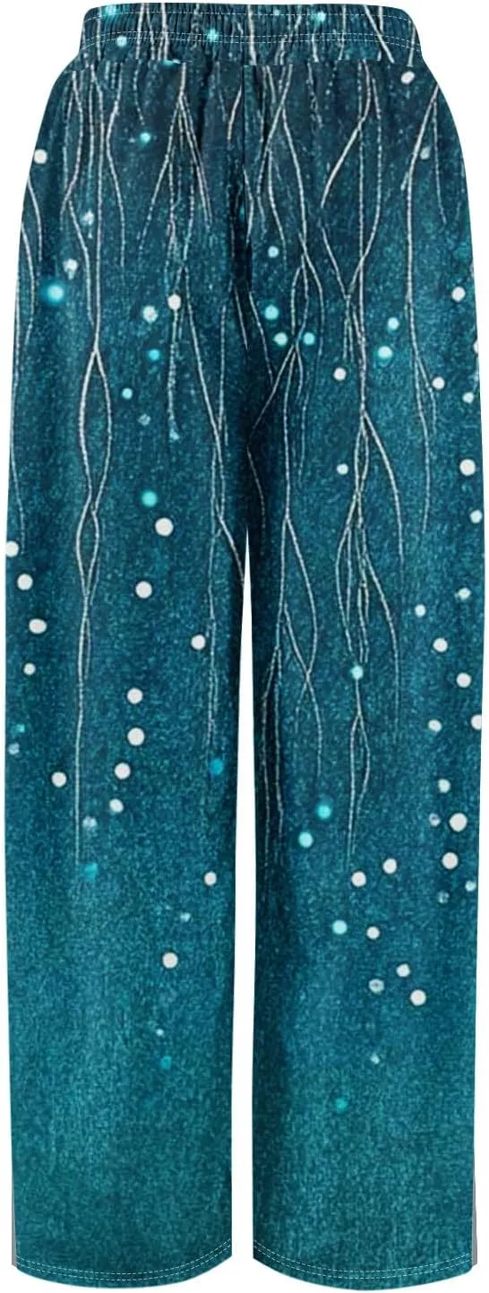 Summer Wide Leg Pants for Women Elastic Waist Drawstring Boho Palazzo Flowy Pants Floral Print with Pockets Trousers