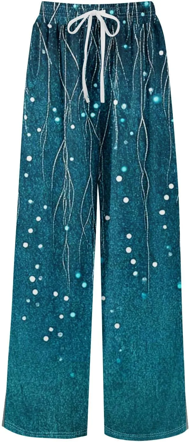 Summer Wide Leg Pants for Women Elastic Waist Drawstring Boho Palazzo Flowy Pants Floral Print with Pockets Trousers