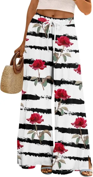 Summer Wide Leg Pants for Women Elastic Waist Drawstring Boho Palazzo Flowy Pants Floral Print with Pockets Trousers