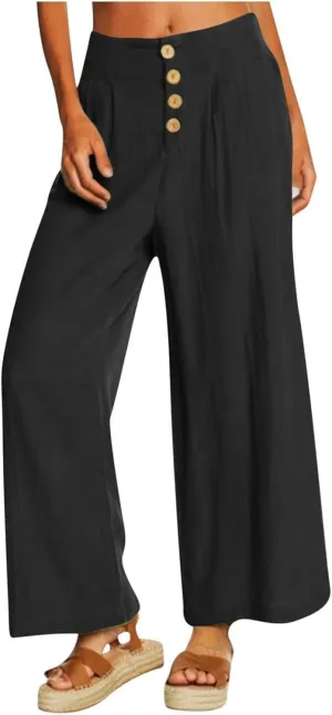 Summer Wide Leg Pants for Women Lightweight Breathable Cotton Linen Pant Stretchy Casual Trousers with Button Pockets