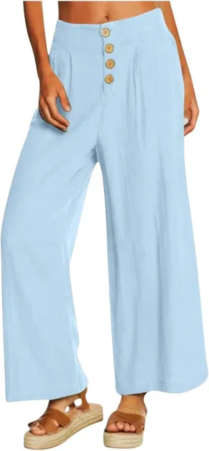Summer Wide Leg Pants for Women Lightweight Breathable Cotton Linen Pant Stretchy Casual Trousers with Button Pockets
