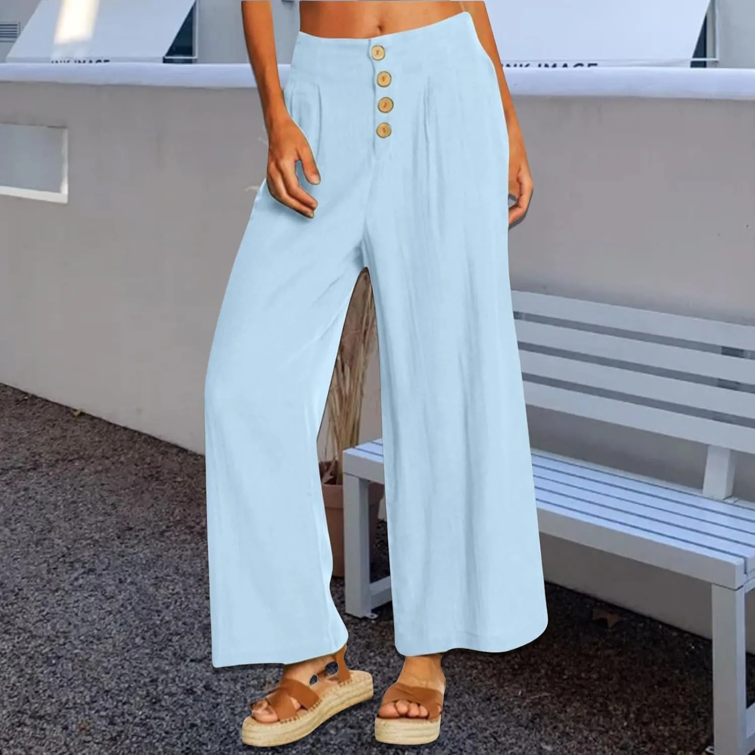 Summer Wide Leg Pants for Women Lightweight Breathable Cotton Linen Pant Stretchy Casual Trousers with Button Pockets