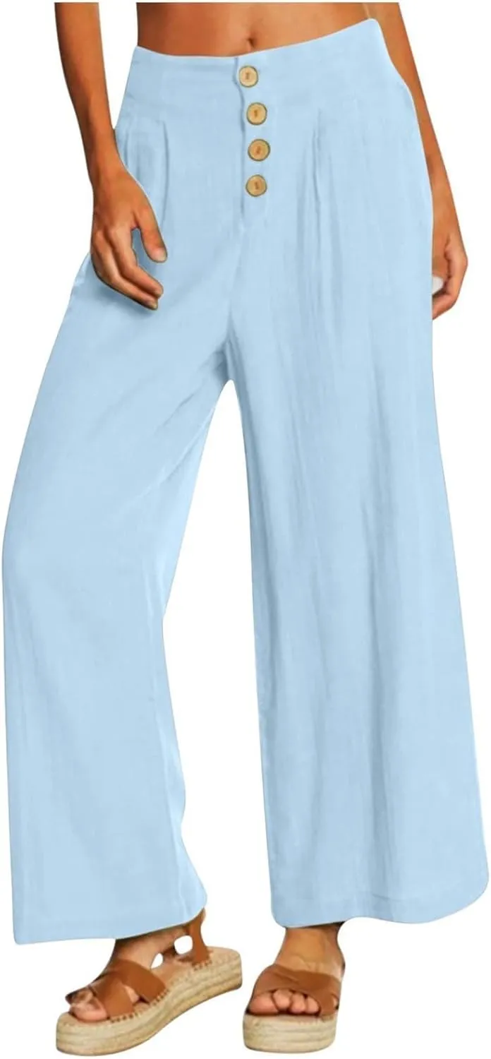 Summer Wide Leg Pants for Women Lightweight Breathable Cotton Linen Pant Stretchy Casual Trousers with Button Pockets