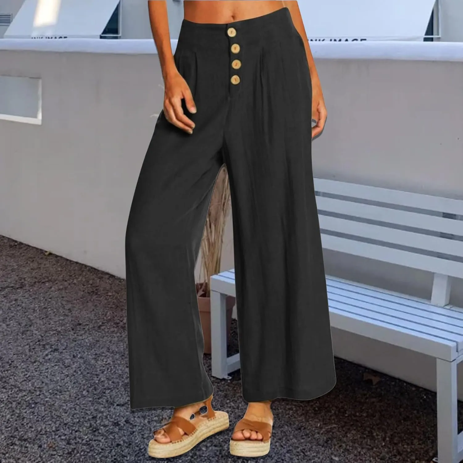 Summer Wide Leg Pants for Women Lightweight Breathable Cotton Linen Pant Stretchy Casual Trousers with Button Pockets