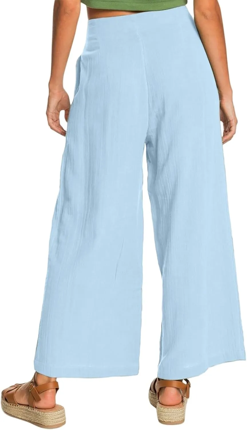 Summer Wide Leg Pants for Women Lightweight Breathable Cotton Linen Pant Stretchy Casual Trousers with Button Pockets