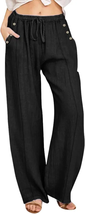 Summer Wide Leg Pants for Women Lightweight Cotton Linen Pant Button Solid Drawstring Elastic Waist Pants with Pockets