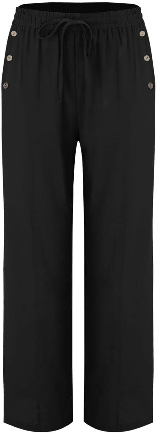 Summer Wide Leg Pants for Women Lightweight Cotton Linen Pant Button Solid Drawstring Elastic Waist Pants with Pockets