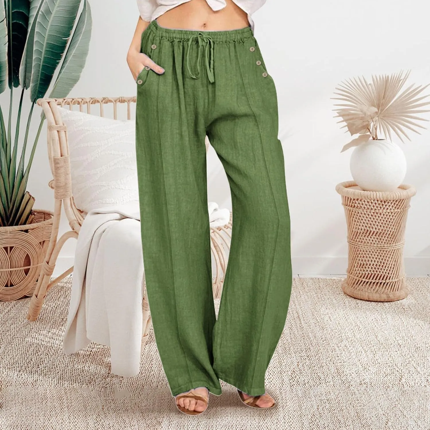 Summer Wide Leg Pants for Women Lightweight Cotton Linen Pant Button Solid Drawstring Elastic Waist Pants with Pockets