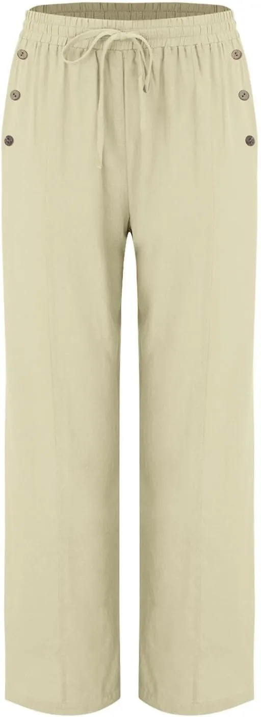 Summer Wide Leg Pants for Women Lightweight Cotton Linen Pant Button Solid Drawstring Elastic Waist Pants with Pockets