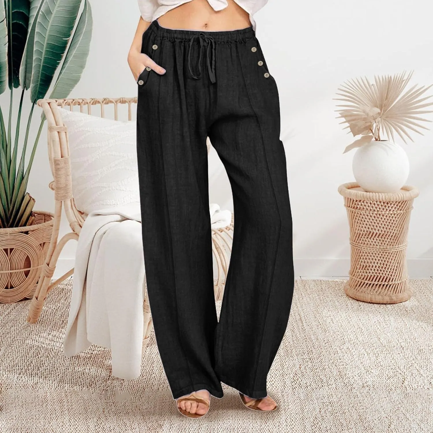 Summer Wide Leg Pants for Women Lightweight Cotton Linen Pant Button Solid Drawstring Elastic Waist Pants with Pockets