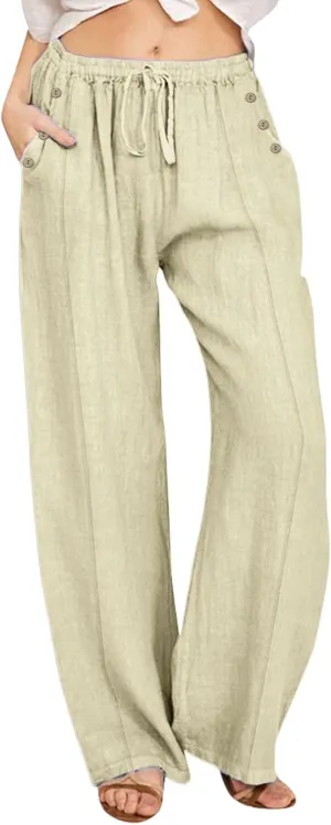 Summer Wide Leg Pants for Women Lightweight Cotton Linen Pant Button Solid Drawstring Elastic Waist Pants with Pockets