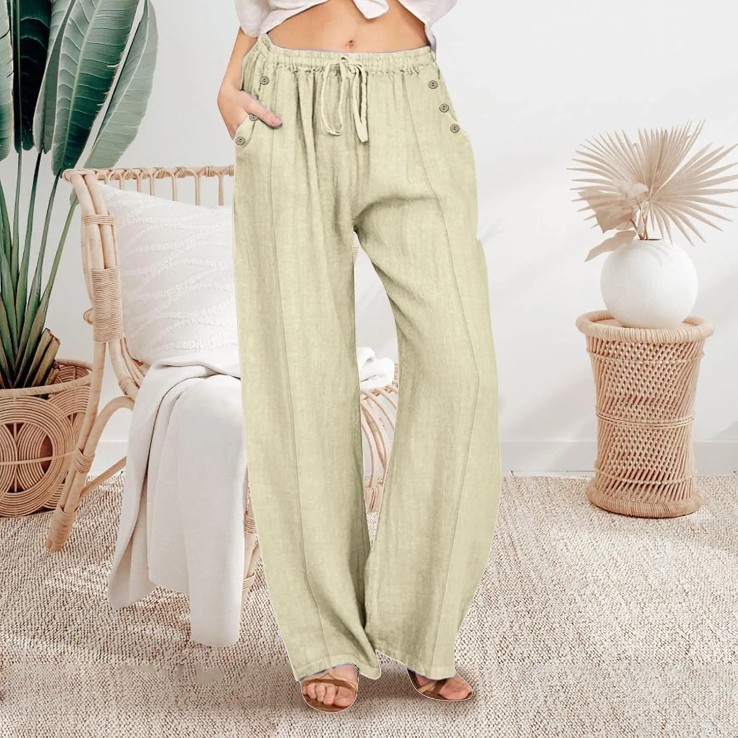 Summer Wide Leg Pants for Women Lightweight Cotton Linen Pant Button Solid Drawstring Elastic Waist Pants with Pockets
