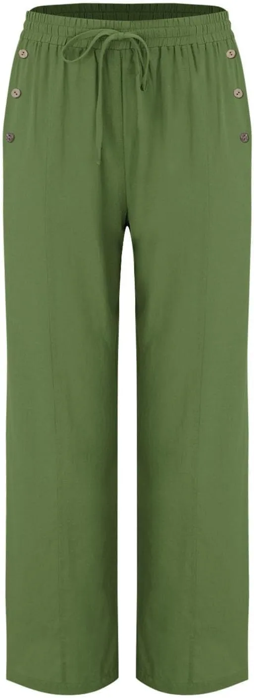 Summer Wide Leg Pants for Women Lightweight Cotton Linen Pant Button Solid Drawstring Elastic Waist Pants with Pockets
