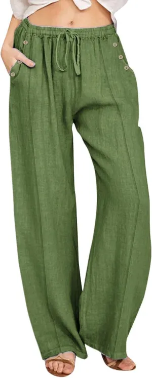 Summer Wide Leg Pants for Women Lightweight Cotton Linen Pant Button Solid Drawstring Elastic Waist Pants with Pockets