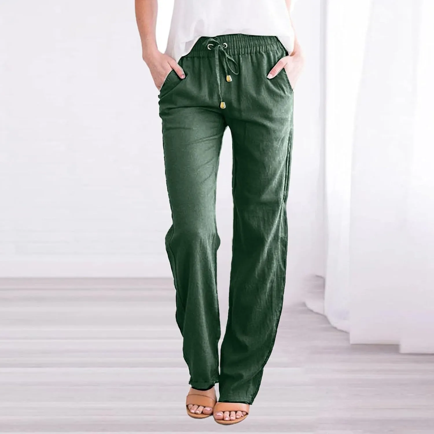 Summer Womens Linen Pants Cotton Wide Leg Casual Loose Drawstring High Waist Palazzo Pants Trousers with Pockets