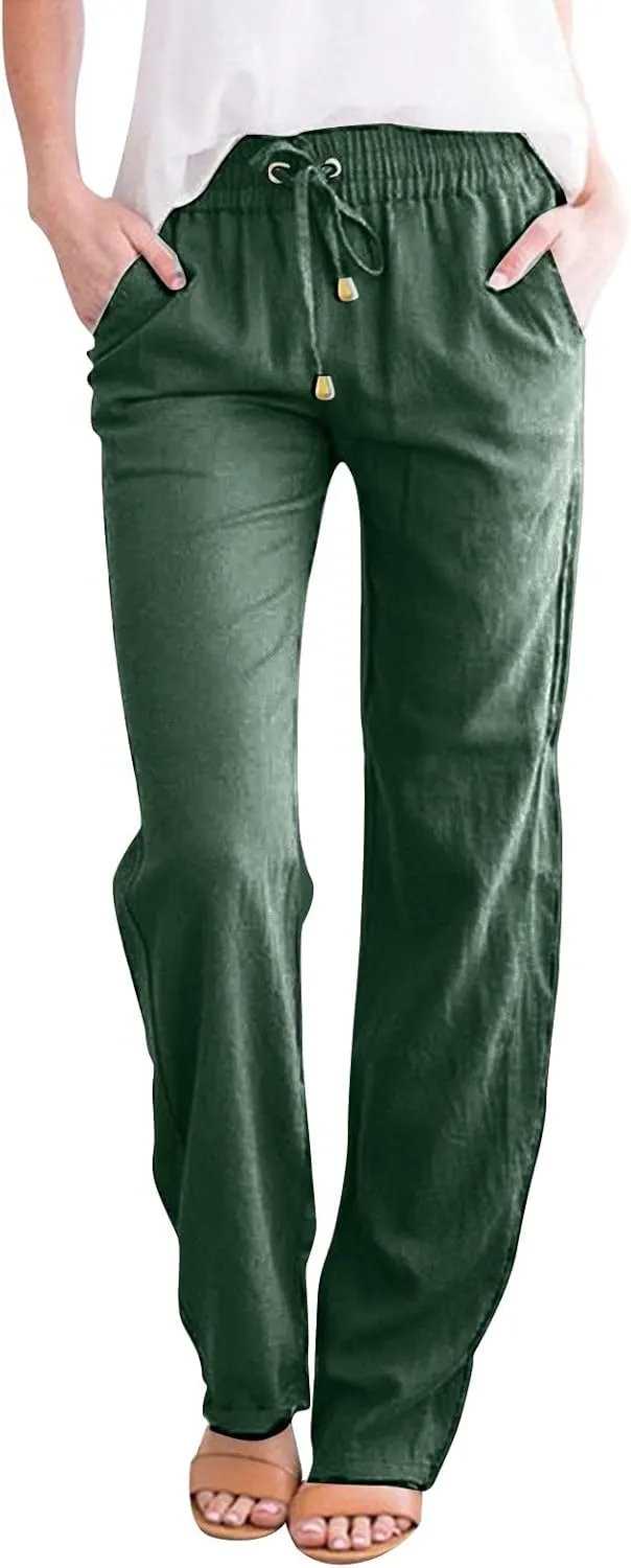 Summer Womens Linen Pants Cotton Wide Leg Casual Loose Drawstring High Waist Palazzo Pants Trousers with Pockets